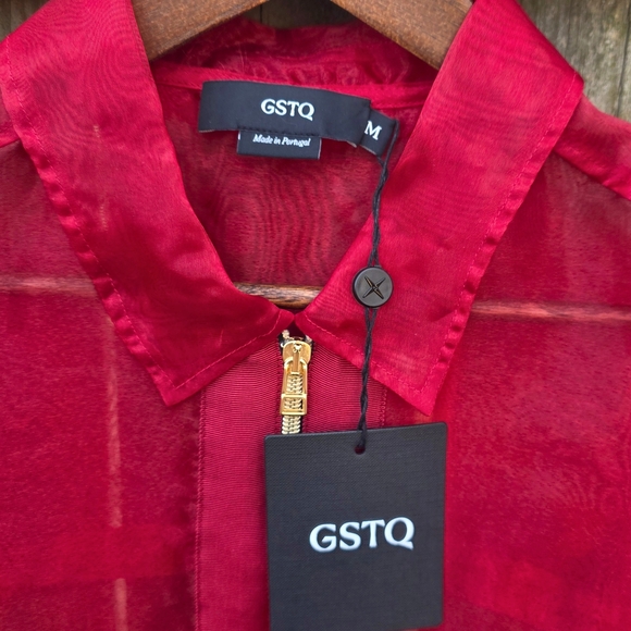 GSTQ Sheer Cinched Zip Jacket Valentine Red Gold Hardware Sz M Made in Portugal - Picture 7 of 9